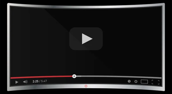 Moderno monitor de TV curvado realista de 4k aislado sobre fondo negro. Plantilla de reproductor de vídeo clásico en pantalla. Video en línea viendo conecpt. Ilustración vectorial — Vector de stock
