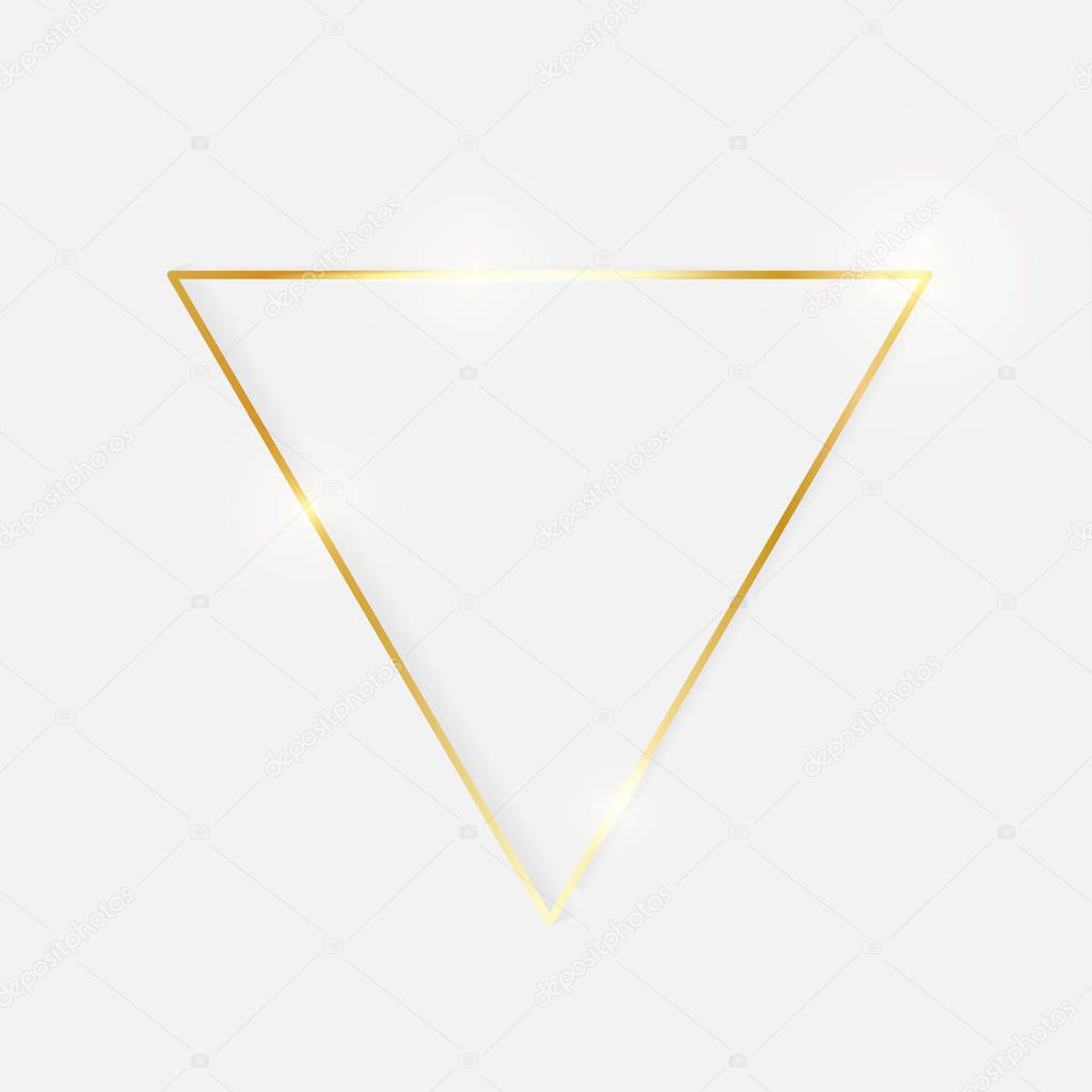 Gold shiny glowing vintage triangle frame with shadows isolated on white background. Golden luxury realistic border. Wedding, mothers or Valentines day concept. Xmas and New Year abstract. Vector