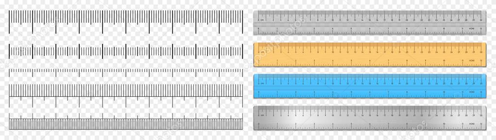 Realistic tape rulers and scale measure set isolated on transparent background. Plastic, metal and wooden double sided measurement in cm and inches. Length measurement scale chart. Vector illustration