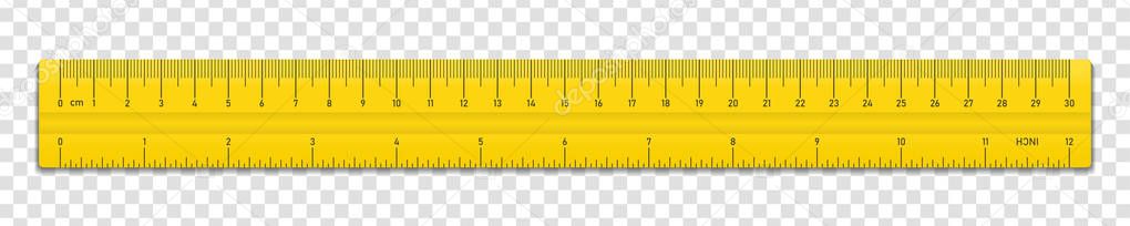 Realistic plastic yellow tape ruler isolated on transparent background. Double sided measurement in cm and inches. Vector illustration