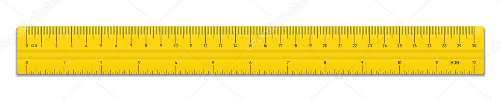 Realistic plastic yellow tape ruler isolated on white background. Double sided measurement in cm and inches. Vector illustration