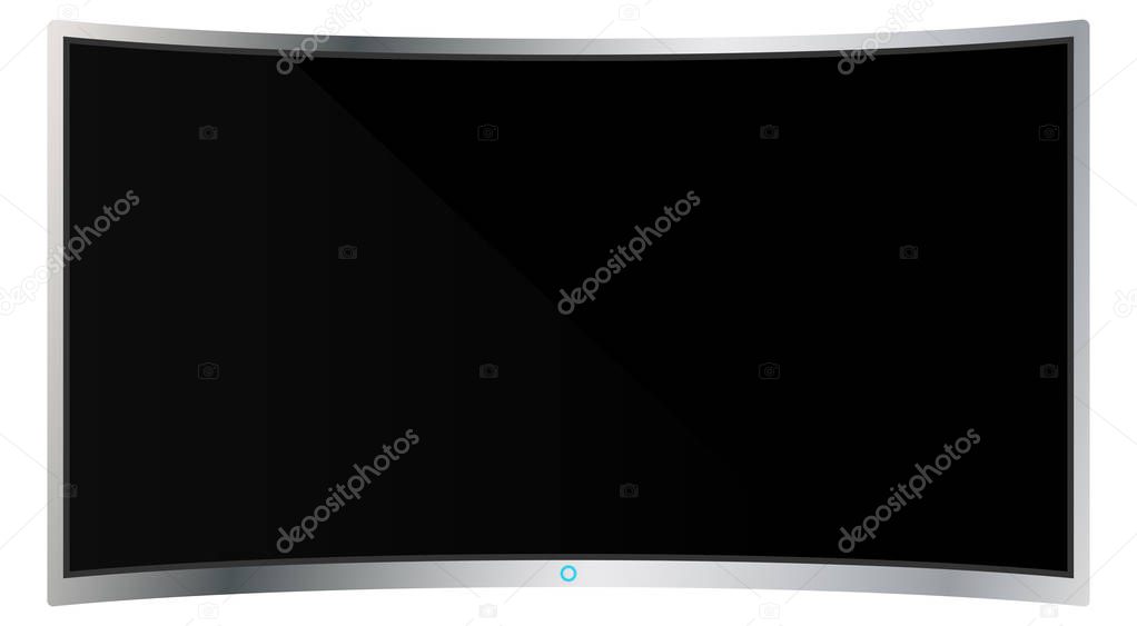 Realistic modern curved 4k TV monitor isolated on white background. Empty screen template mockup. Blank copy space on PC screen. Vector illustration