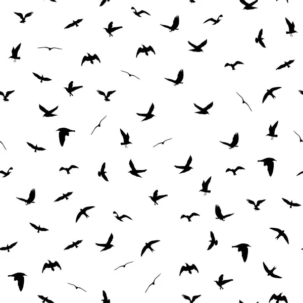 Flying Birds Silhouettes White Background Animals Seamless Detailed Pattern Black — Stock Vector