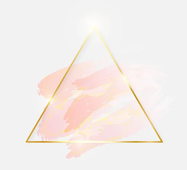 Goldglänzender Dreiecksrahmen Mit Rosafarbenen Pinselstrichen Auf Weißem Hintergrund Goldene Luxuslinie — Stockvektor