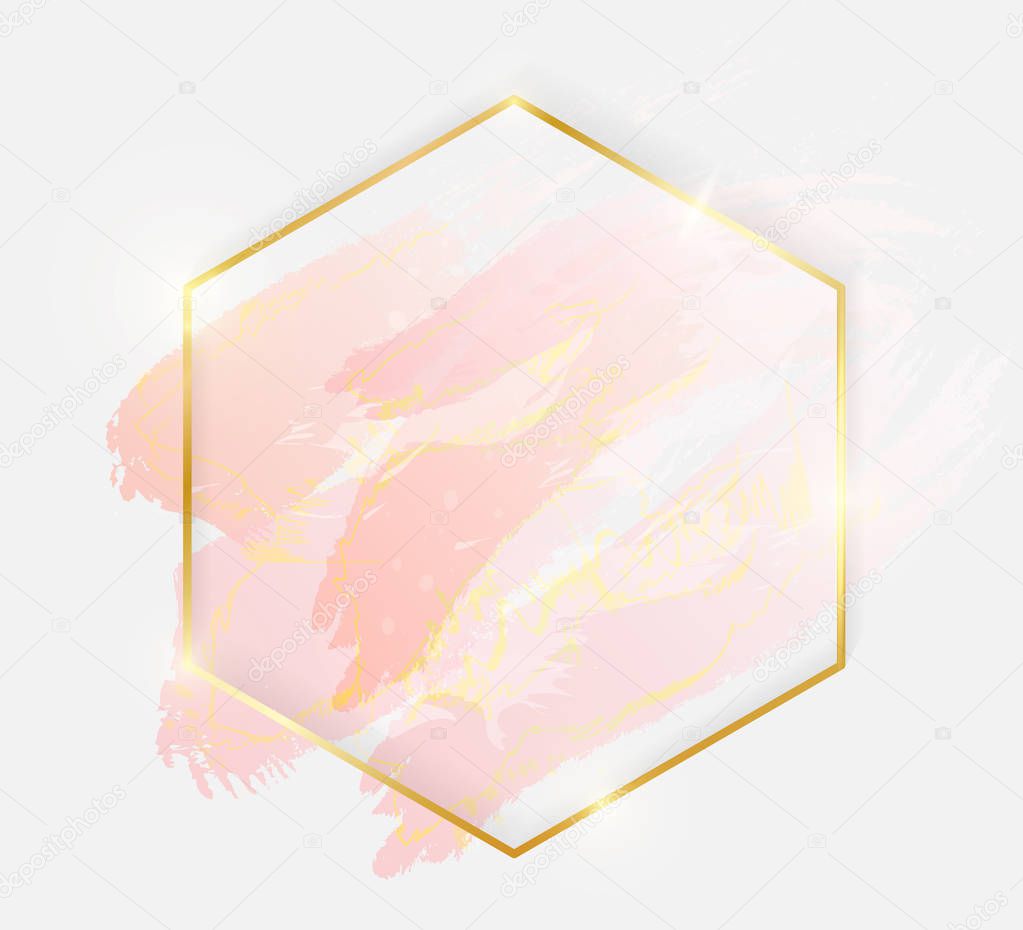 Gold shiny glowing hexagon frame with rose pastel brush strokes isolated on white background. Golden luxury line border for invitation, card, sale, fashion, wedding, photo etc. Vector illustration