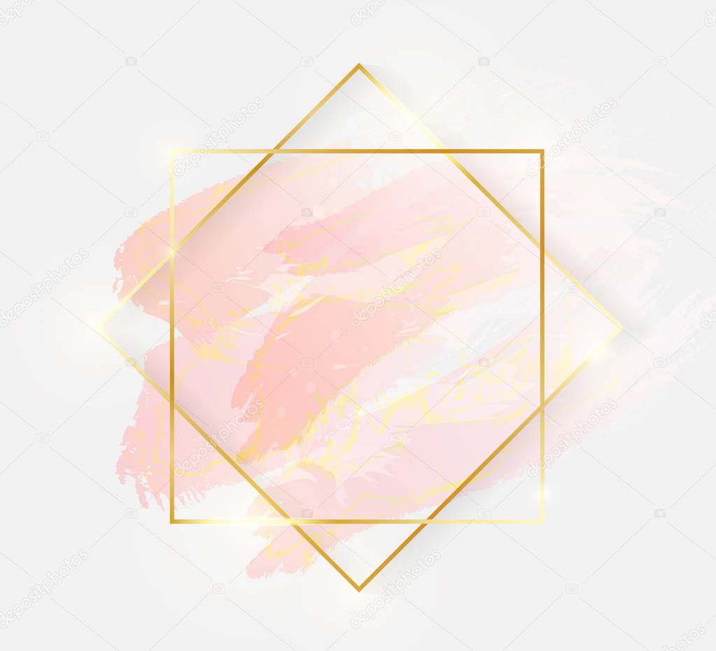 Gold shiny glowing art frame with rose pastel brush strokes isolated on white background. Golden luxury line border for invitation, card, sale, fashion, wedding, photo etc. Vector illustration