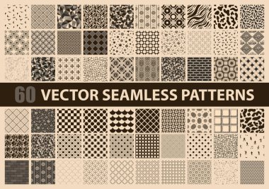 Mega pack 60 kahverengi sorunsuz detaylı desenler vektör: soyut, vintage, retro, hayvanlar, bez, teknoloji ve geometrik. Vektör çizim