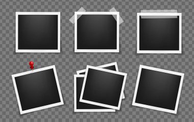 Kare gerçekçi çerçeve şablonları şeffaf arka plan üzerinde izole gölgeler ile paket. Basit, beyaz yapışkan teyp vektör çizim üzerindeki metal iğne üzerinde