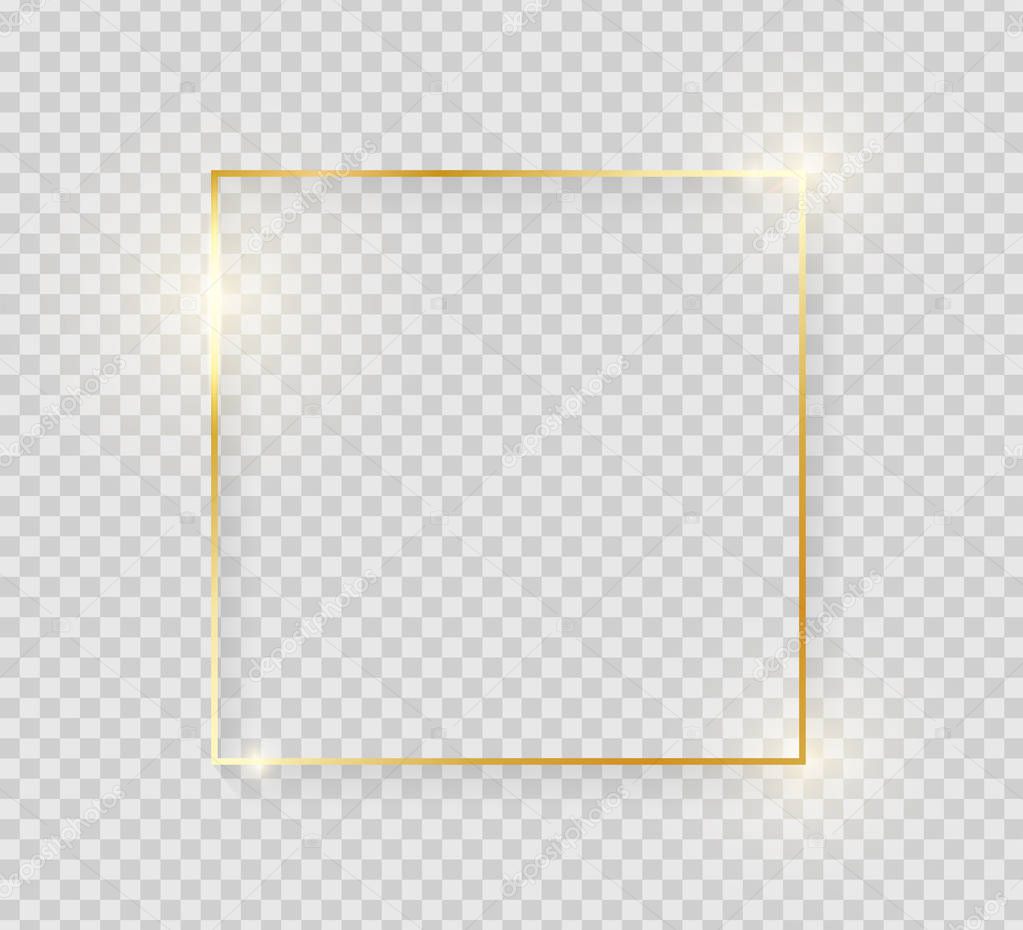 Gold shiny glowing vintage frame with shadows isolated on transparent background. Golden luxury realistic square border. Vector illustration