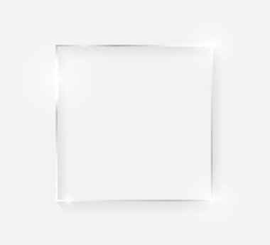 Beyaz arka planda izole gölgeler ile gümüş parlak parlayan Vintage çerçeve. Beyaz altın lüks gerçekçi sınır. Düğün, anneler veya Sevgililer günü konsepti. Xmas ve yeni yıl soyut. Vektör