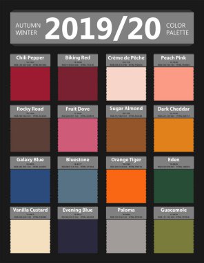 Sonbahar ve kış 2019-2020 moda renk paleti. Yılın dünya renkleri. İsimleri ile palet moda renkleri Kılavuzu. New York moda renk trend. Vektör Illustration