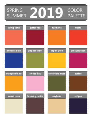 Bahar ve yaz 2019 renk paleti. Moda trend Kılavuzu. Adlı renk örnekleri, RGB ve TCX ile palet moda renkleri Kılavuzu. yıl yaşayan Mercan rengi. Vektör Illustration