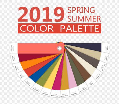 Yuvarlak kağıt bahar ve yaz 2019 renk paleti. Moda trend Kılavuzu. Adlı renk örnekleri, RGB ve TCX ile palet moda renkleri Kılavuzu. yıl yaşayan Mercan rengi. Vektör Illustration