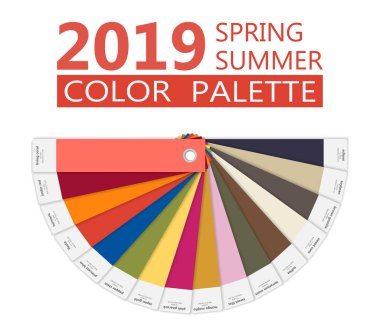 Yuvarlak kağıt bahar ve yaz 2019 renk paleti. Moda trend Kılavuzu. Adlı renk örnekleri, RGB ve TCX ile palet moda renkleri Kılavuzu. yıl yaşayan Mercan rengi. Vektör Illustration
