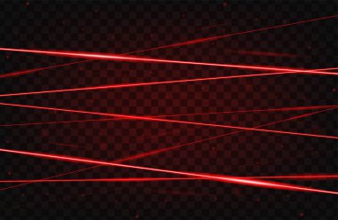 Kırmızı gerçekçi lazer ışını arka plan. Lazer ışınları şeffaf arka planda iyolated. Modern stil soyut. Parlak parlak lazerler deseni. Vektör Illustration