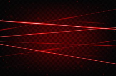 Kırmızı gerçekçi lazer ışını arka plan. Lazer ışınları şeffaf arka planda iyolated. Modern stil soyut. Parlak parlak lazerler deseni. Vektör Illustration