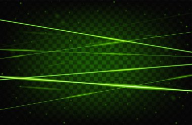 Yeşil gerçekçi lazer ışını arka plan. Lazer ışınları şeffaf arka planda iyolated. Modern stil soyut. Parlak parlak lazerler deseni. Vektör Illustration