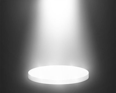 Işık ile kutsal yuvarlak Kaide. Boş beyaz podyum ışıklı mockup siyah arka planda izole. Şampiyon, birincilik, ödül, kazan, kazanan, ödül merdiven kavramı tasarımı. Vektör