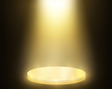 Altın yuvarlak Kaide ışık ile kutsanmış. Boş beyaz podyum ışıklı mockup siyah arka planda izole. Şampiyon, birincilik, ödül, kazan, kazanan, ödül merdiven kavramı tasarımı. Vektör