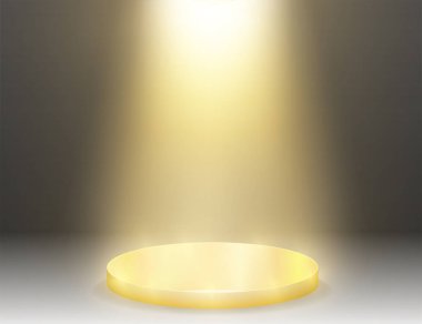 Altın yuvarlak Kaide ışık ile kutsanmış. Boş beyaz podyum ışıklı mockup izole. Şampiyon, birincilik, ödül, kazan, kazanan, ödül merdiven kavramı tasarımı. Vektör