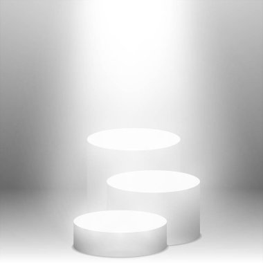 Işık ile kutsal yuvarlak Kaide. Boş beyaz podyum ışıklı mockup izole. Şampiyon, birincilik, ödül, kazan, kazanan, ödül merdiven kavramı tasarımı. Vektör