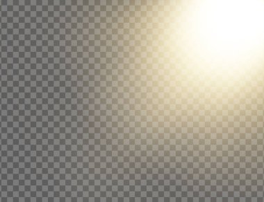 Sarı parlayan ışık şeffaf arka planda izole patlar. Güneş ışınları. Cennet parıltısı. Gerçekçi dekorasyon etkisi. Vektör Illustration