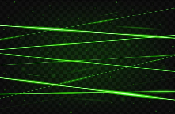 Grüner realistischer Laserstrahl Hintergrund. Laserstrahlen auf transparentem Hintergrund. modernen Stil abstrakt. hell glänzende Lasermuster. Vektorillustration — Stockvektor