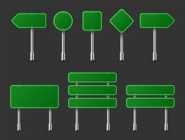 Segnali stradali realistici su palo metallico in acciaio isolato. Mockup pannelli stradali verdi diversi direzione autostrada, testo di bordo, posizione della città, frecce stradali, stop, pericolo, segnaletica di pericolo. Vettore — Vettoriale Stock