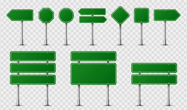 Realistische Verkehrsschilder an Metallstangen isoliert. verschiedene grüne Straßenplatten-Attrappen - Richtung Autobahn, Tafel-Text, Standort Stadt, Straßenpfeile, Haltestelle, Gefahr, Warnbeschilderung. Vektor — Stockvektor