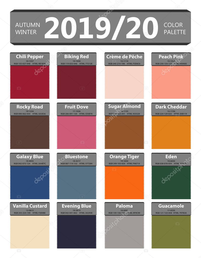 Autumn and Winter 2019 - 2020 fashion color palette. Worlds colors of the year. Palette fashion colors guide with names. Fashion color trend of New York. Vector illustration