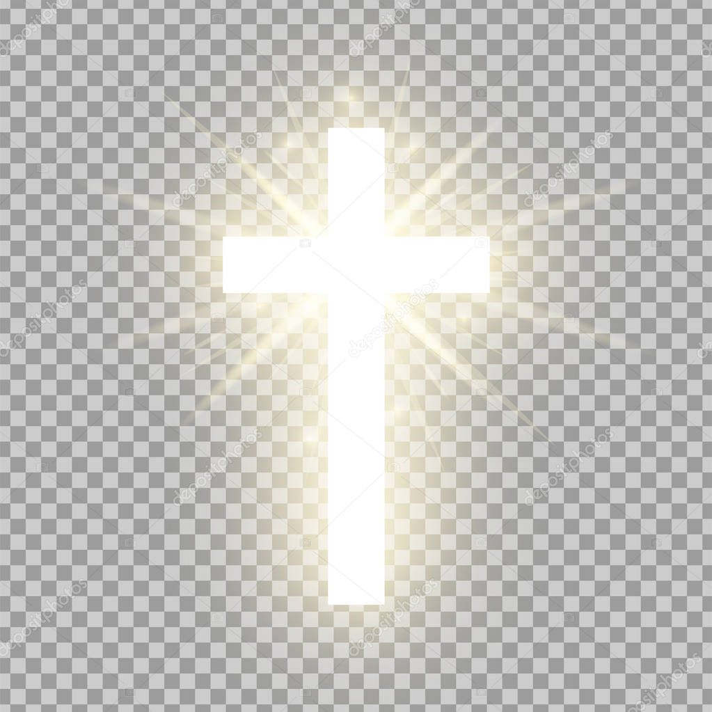 Shining gold cross isolated on transparent background. Riligious symbol. Glowing Saint cross. Easter and Christmas sign. Vector illustration