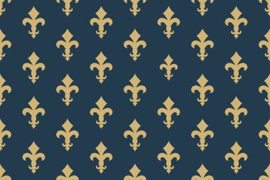 Vintage lüks Fleur-de-lis dikişsiz kraliyet arka plan. Heraldic sembolü fleur-de-lis ile Fransa tarihi süs deseni. Mavi ve altın tarzı tertemiz bakire sembolik. Vektör çizimi