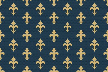 Vintage lüks Fleur-de-lis dikişsiz kraliyet arka plan. Heraldic sembolü fleur-de-lis ile Fransa tarihi süs deseni. Mavi ve altın tarzı tertemiz bakire sembolik. Vektör çizimi