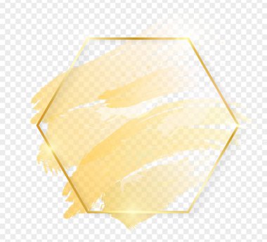 Altın fırça darbeleri şeffaf arka plan üzerinde izole ile altın parlak parlak hexon çerçeve. Davet, kart, satış, moda, düğün, fotoğraf vb için Altın lüks çizgi sınırı Vektör çizimi