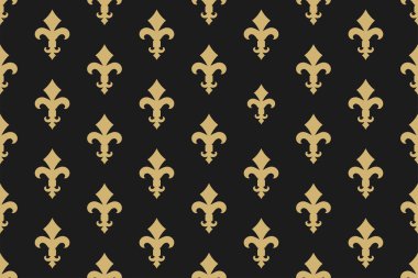 Vintage lüks Fleur-de-lis dikişsiz kraliyet arka plan. Heraldic sembolü fleur-de-lis ile Fransa tarihi süs deseni. Siyah ve altın tarzı tertemiz bakire sembolik. Vektör çizimi