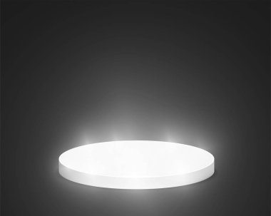 Işık ile kutsal yuvarlak Kaide. Boş beyaz podyum ışıklı mockup siyah arka planda izole. Şampiyon, birincilik, ödül, kazan, kazanan, ödül merdiven kavramı tasarımı. Vektör