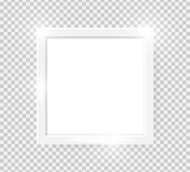 Saydam arka planda yalıtılmış gerçekçi parlak kare resim çerçevesi. Boş beyaz resim çerçevesi mockup şablonu. Fotoğraf çerçevesi deseni. Modern reklam mockup. Vektör çizimi