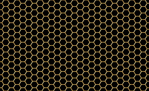Oro y miel negro células hexagonales textura sin costuras. Patrón de forma de tela de mosaico o altavoz. Panal dorado textura cuadrícula y colmena geométrica panales hexagonales. Ilustración vectorial — Vector de stock