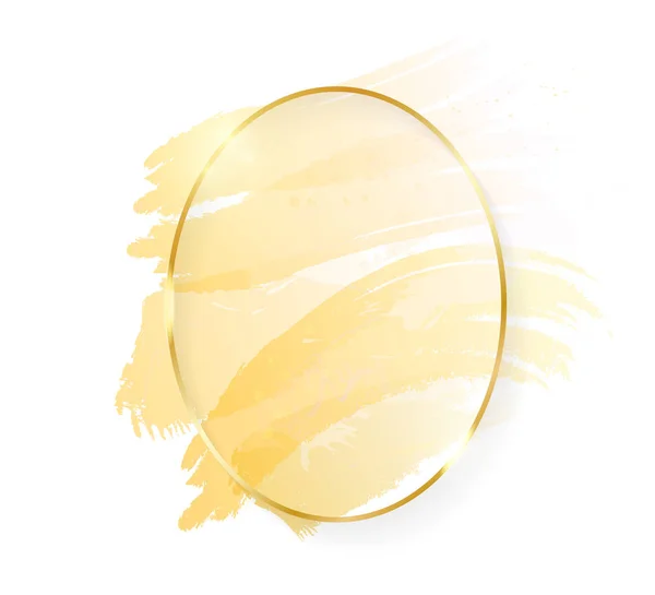 Gouden glanzende gloeiende ovale frame met gouden penseelstreken geïsoleerd op witte achtergrond. Gouden luxe lijn grens voor uitnodiging, kaart, verkoop, mode, bruiloft, foto enz. Vector illustratie — Stockvector