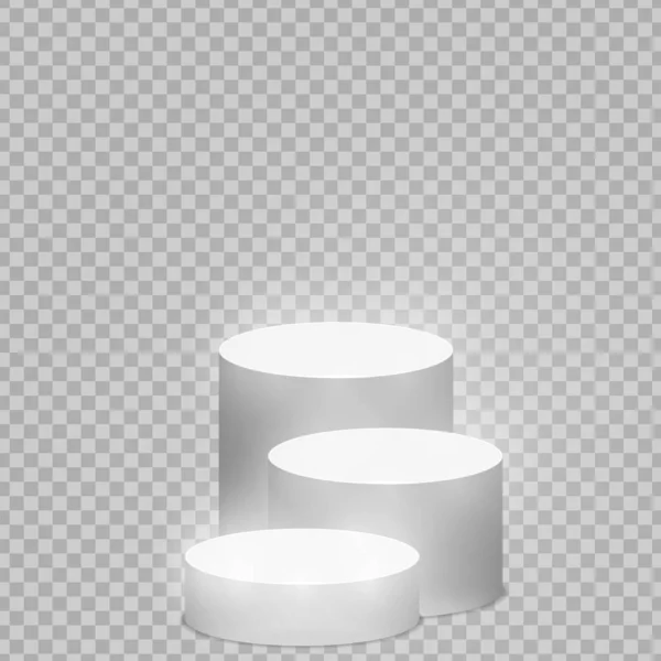 Pedestal redondo santificado con luz. Vaciar podio blanco iluminado maqueta aislado sobre fondo transparente. Campeón, primer lugar, premio, ganar, ganador, diseño de concepto de escalera de premio. Vector — Vector de stock