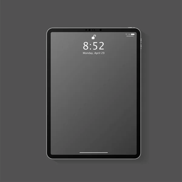 Realistic tablet computer mockup with transparent empty lock screen. Modern tablet PC template design isolated on dark grey background. Vector Illustration — Stock Vector