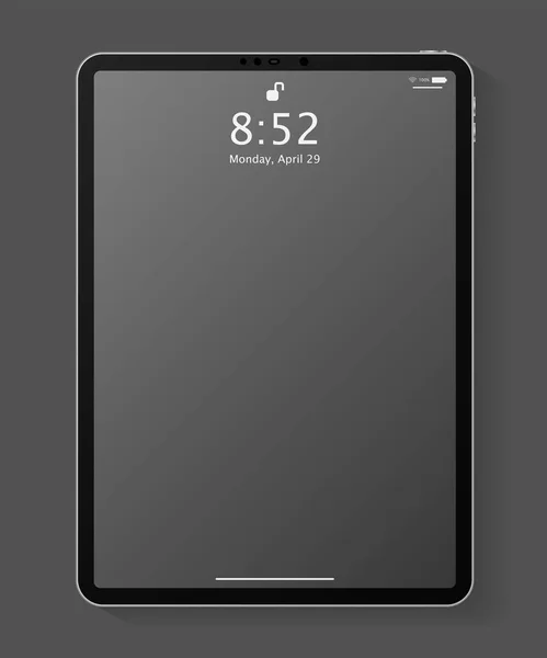 Mockup computador tablet realista com tela de bloqueio vazio transparente. Projeto moderno modelo tablet PC isolado no fundo cinza escuro. Ilustração vetorial —  Vetores de Stock