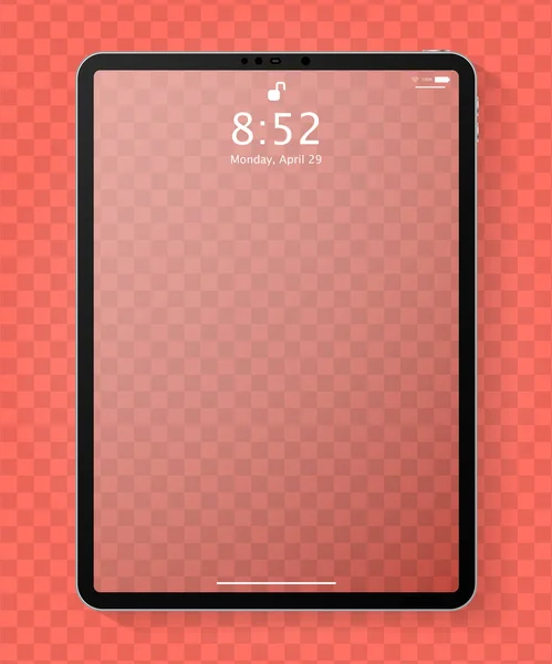 Realistic tablet computer mockup with transparent empty lock screen. Modern tablet PC template design isolated on living coral transparent background. Vector Illustration — Stock Vector