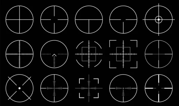 Pack of sniper rifle aims isolated. Crosshairs target choose destination icons. Aim shoot focus cursor. Bullseye mark targeting. Game aiming sight dot pointer set. Vector illustration — Stock Vector