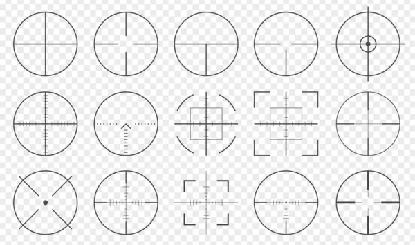 Das Scharfschützengewehr zielte isoliert. Fadenkreuz Ziel wählen Ziel-Symbole. Ziel schießen Fokus Cursor. Volltreffer. Spiel mit Zielpunkt-Zeiger-Set. Vektorillustration — Stockvektor