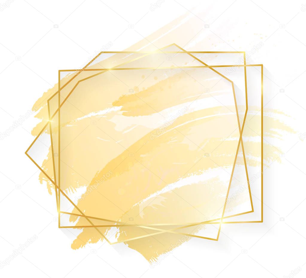 Gold shiny glowing art frame with golden brush strokes isolated on white background. Golden luxury line border for invitation, card, sale, fashion, wedding, photo etc. Vector illustration