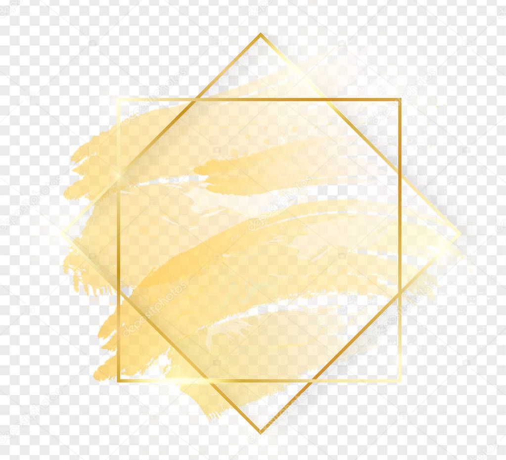Gold shiny glowing art frame with golden brush strokes isolated on transparent background. Golden luxury line border for invitation, card, sale, fashion, wedding, photo etc. Vector illustration