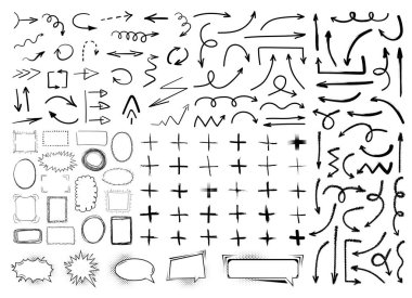 Siyah el çizilmiş oklar, çerçeveler, artı semboller ve beyaz arka plan üzerinde izole komik konuşma kabarcıkları koleksiyonu. Basit, grunge, skeç, modern stil. Vektör çizimi