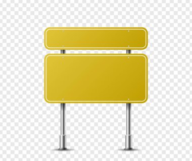 Metal çelik direk izole üzerinde gerçekçi dikdörtgen trafik işareti. Sarı yol paneli mockup - yön karayolu, yönetim kurulu metin, şehir konumu, sokak ok, durdurmak, tehlike, uyarı tabela. Vektör çizimi