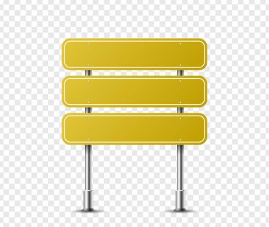 Metal çelik direk izole üzerinde gerçekçi dikdörtgen trafik işareti. Sarı yol paneli mockup - yön karayolu, yönetim kurulu metin, şehir konumu, sokak ok, durdurmak, tehlike, uyarı tabela. Vektör çizimi
